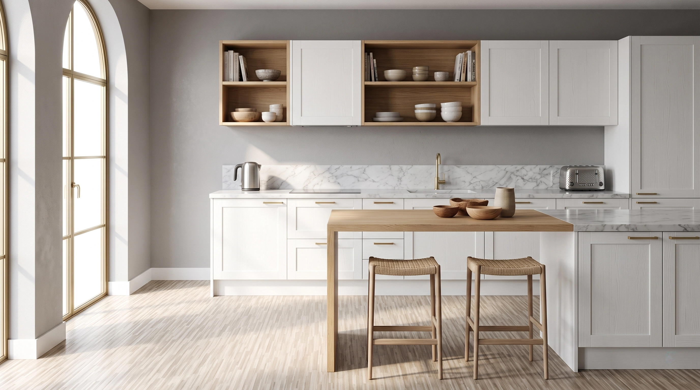 White kitchen wood island