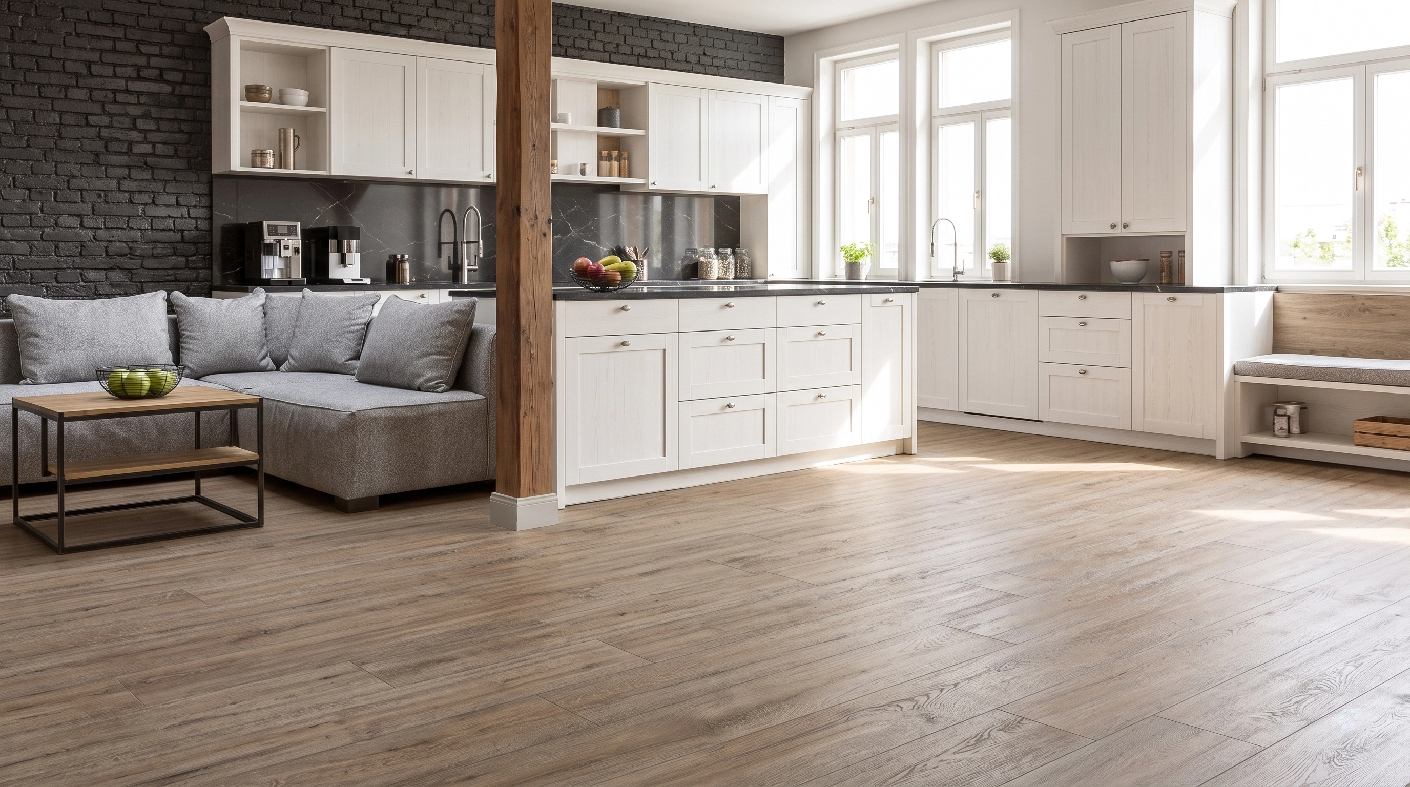 Open kitchen gray sofa