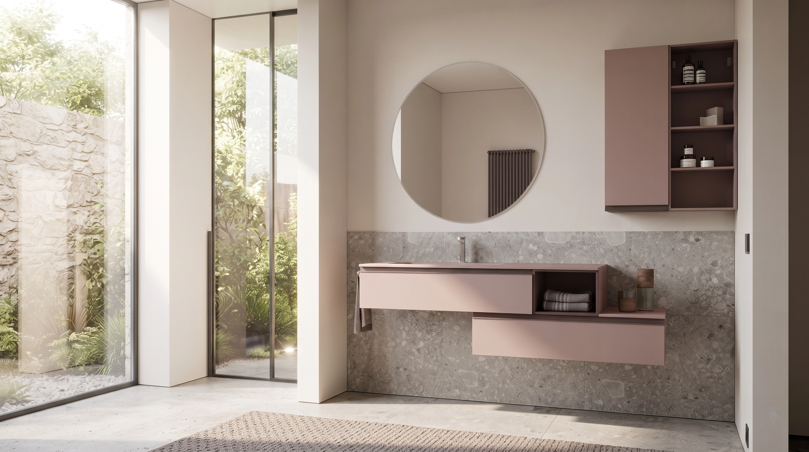 Modern bathroom with round mirror